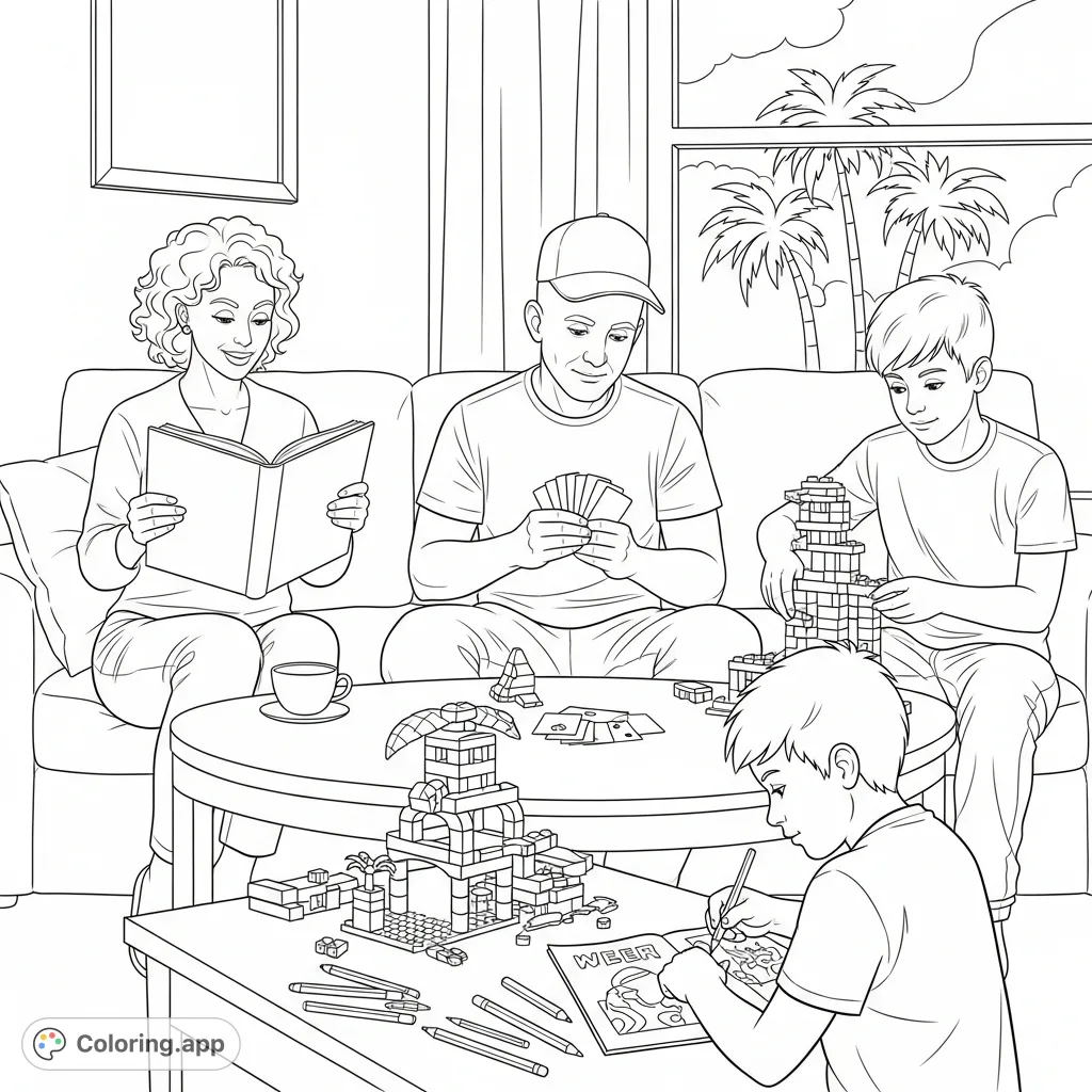 Discover a heartwarming family living room coloring page. Features parents reading and playing cards, boys with Lego and coloring, plus palm trees in background.