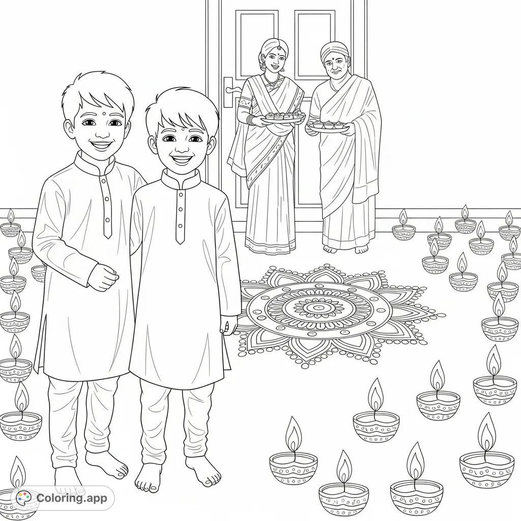 Celebrate Diwali with this joyous Indian family scene! Two boys in Kurtas, parents with a Thali, intricate rangoli, and glowing diyas fill this festive coloring page.
