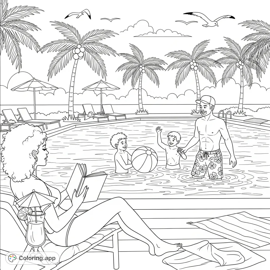 Dive into a lively hotel pool resort scene featuring a relaxing mom, playful kids, and dad, surrounded by palm trees and beach essentials. A perfect family vacation coloring page.