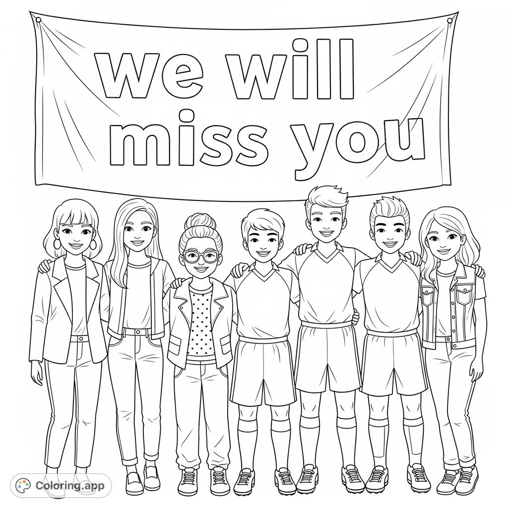 A heartfelt middle school friends farewell coloring page featuring seven smiling friends, four girls and three boys, standing arm in arm before a 'we will miss you' banner.