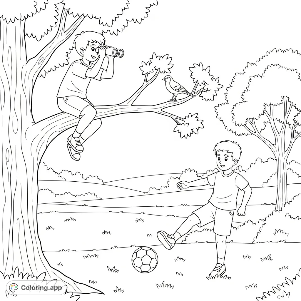 Two energetic boys enjoy a sunny day at the park; one scouts with binoculars from a tree, the other kicks a soccer ball, offering fun and engaging coloring.