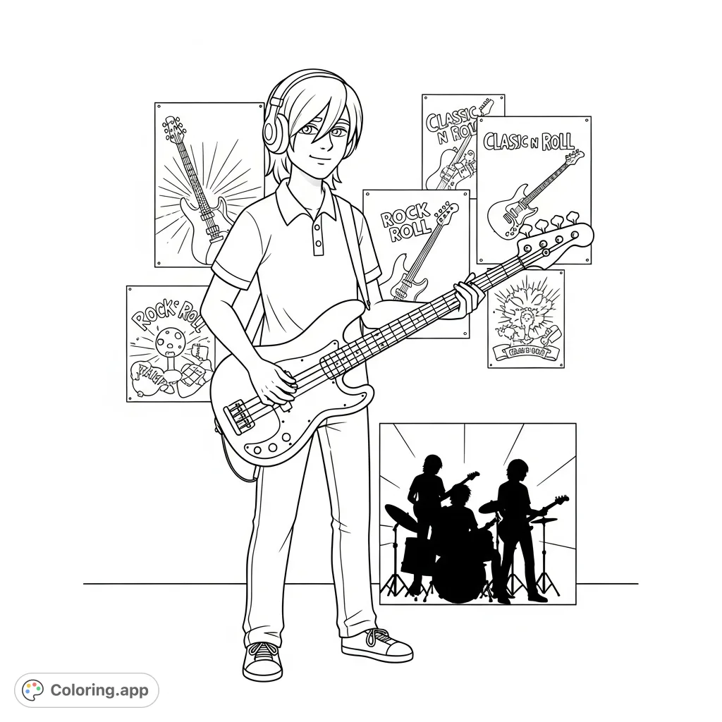 A cool middle schooler rocks out on his bass guitar, headphones on, against a background of music posters and bandmate silhouettes. Perfect for music lovers!