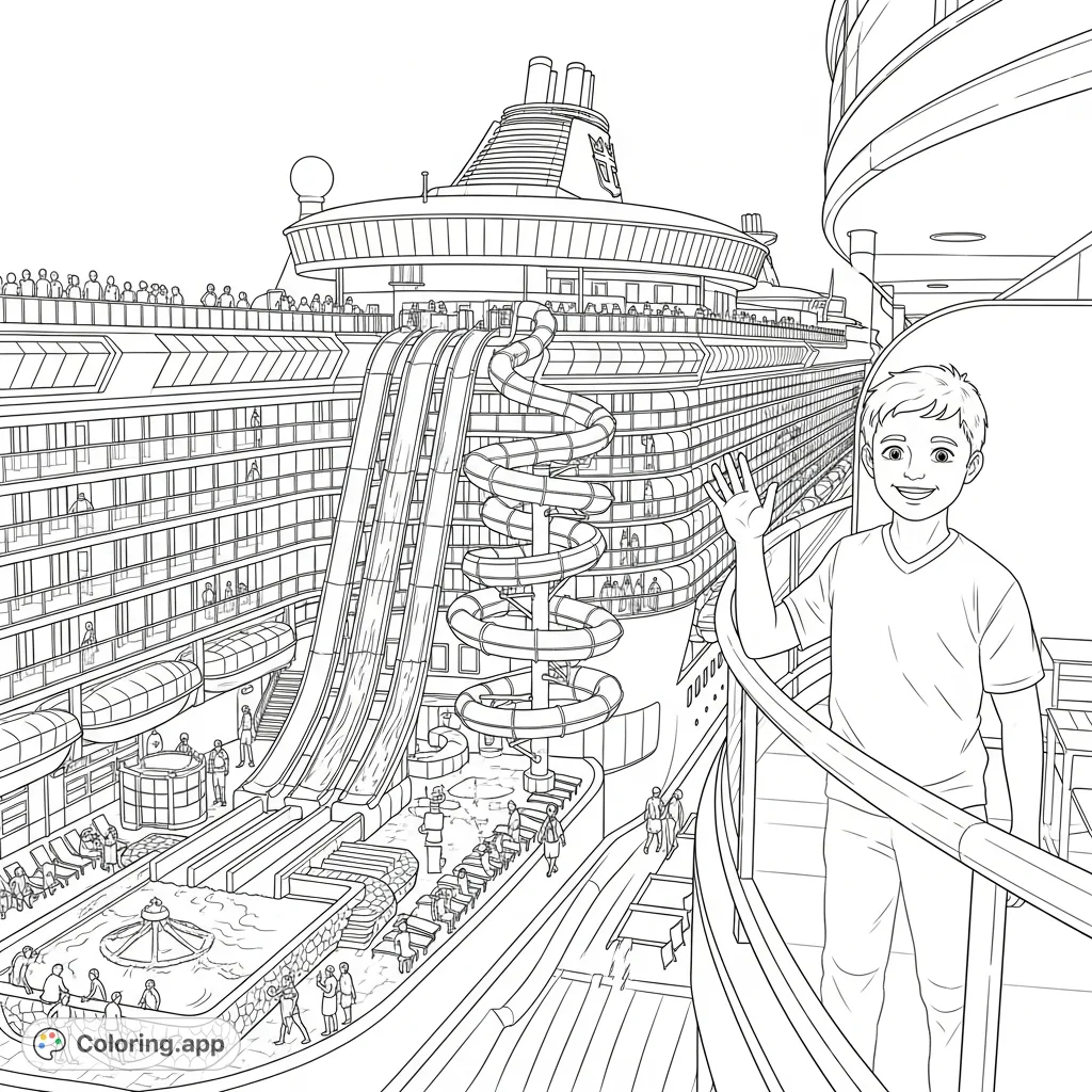 Set sail on an adventure! This Royal Caribbean cruise ship coloring page features exciting water slides and a waving teenage boy, perfect for travel enthusiasts.