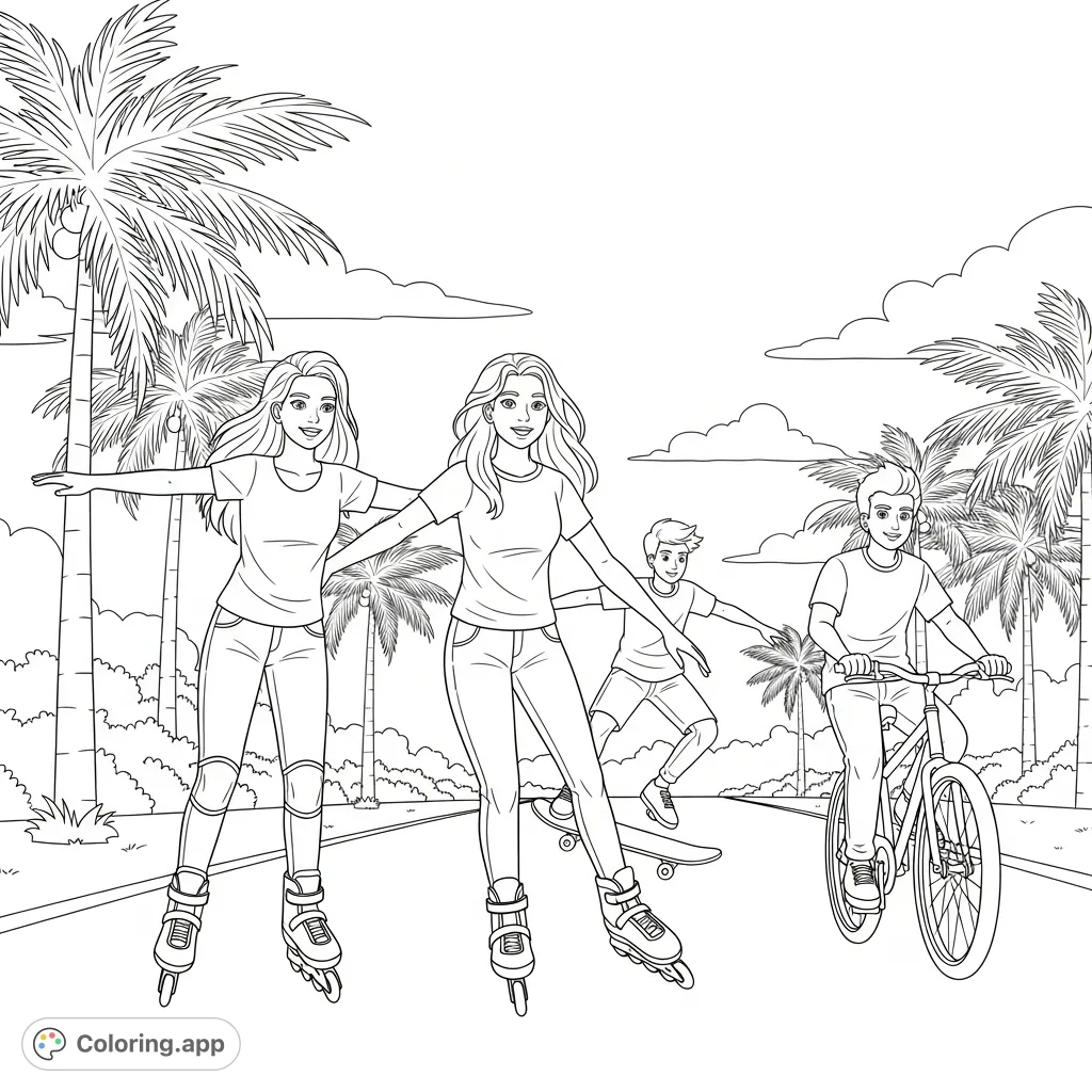 Capture the vibrant energy of teens rollerblading, skateboarding, and biking under palm trees. A dynamic scene of friendship and outdoor adventure.