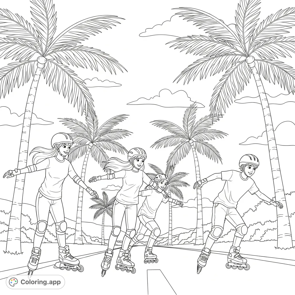 An exciting rollerblading coloring page featuring four teens, palm trees, and an open sky, perfect for creative expression. A fun, free printable!