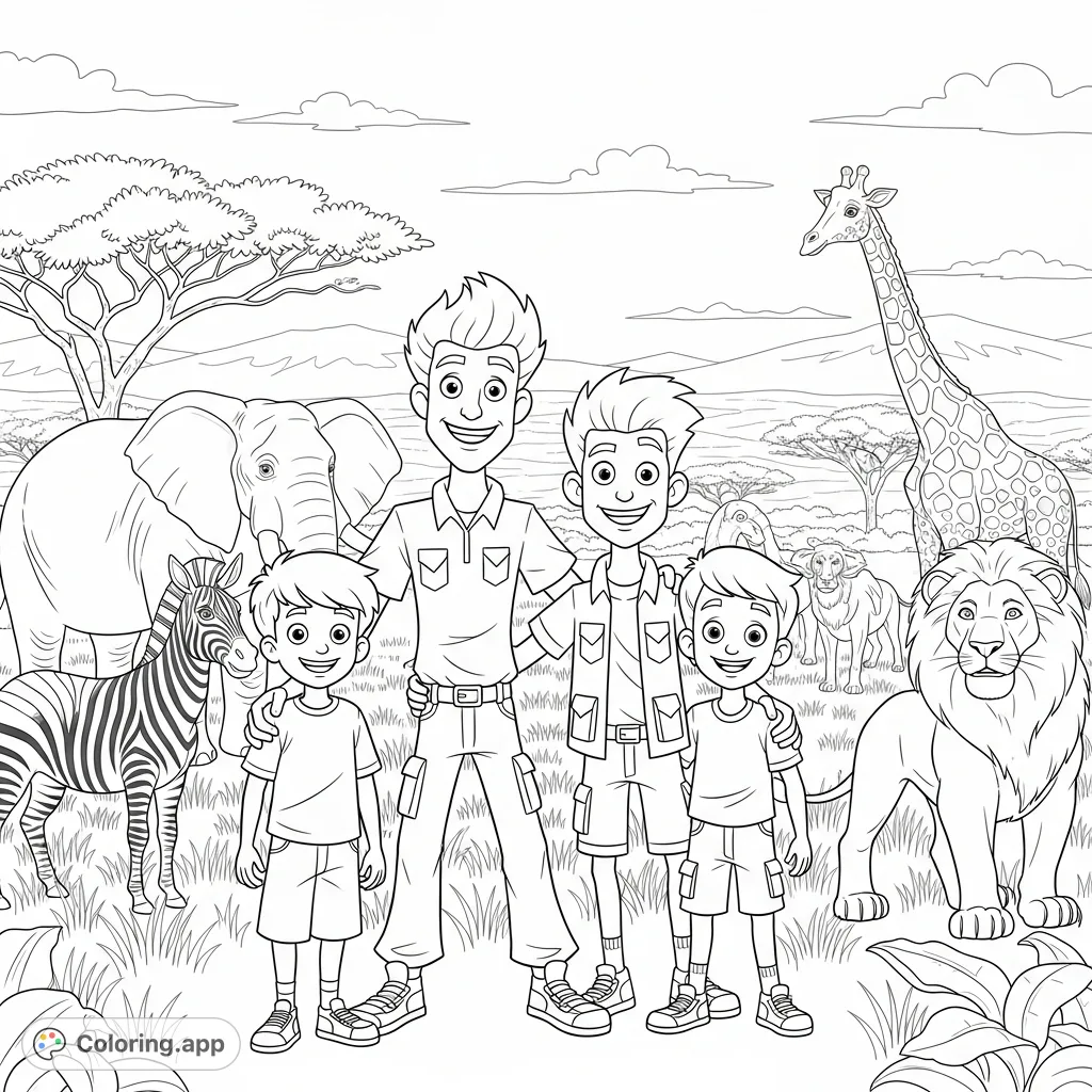 Join Martin and Chris Kratt with two young adventurers on a thrilling safari! This Wild Kratts coloring page features diverse wild animals in their natural habitat.