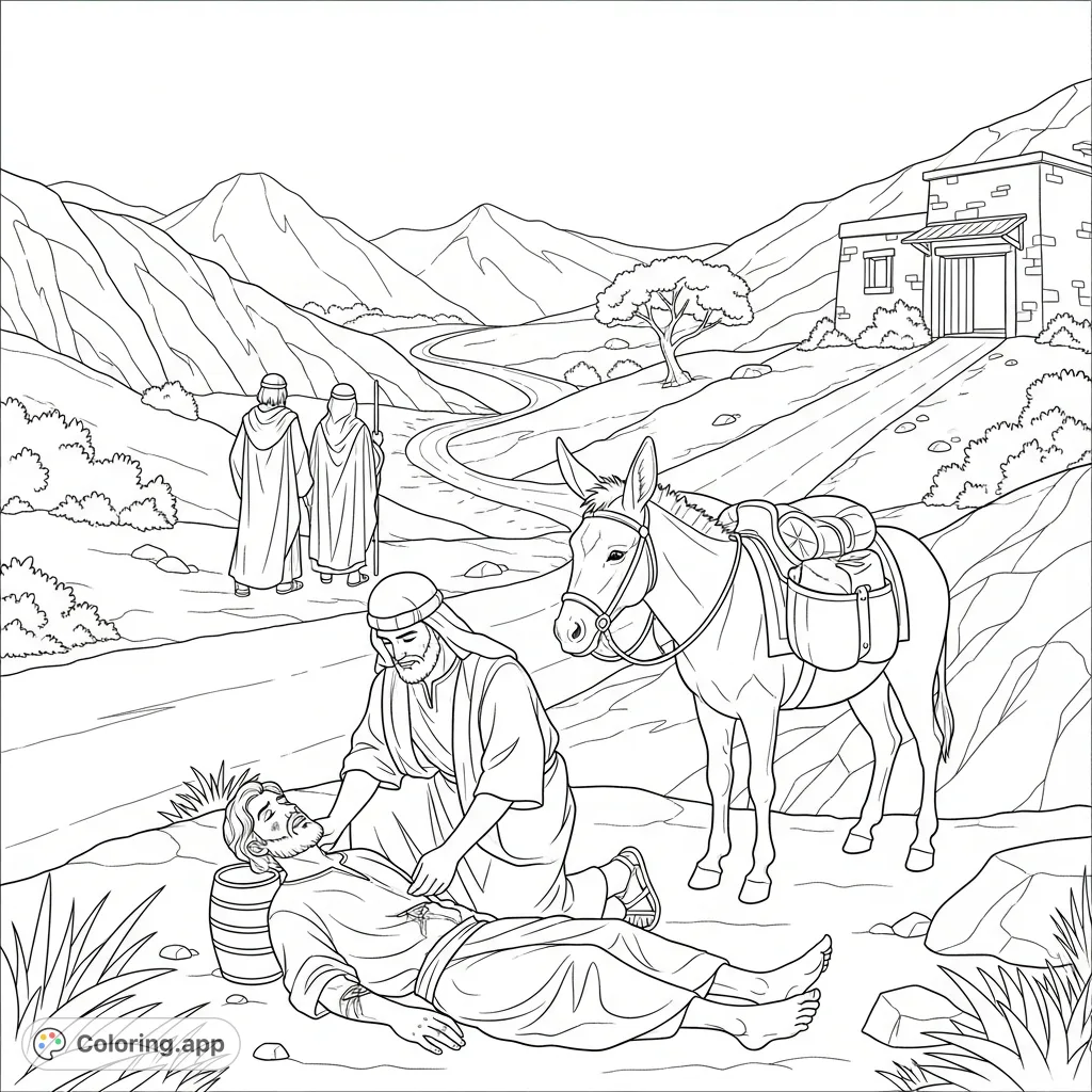 Discover compassion with this Good Samaritan coloring page. Depicts the biblical parable of love, kindness, and helping others. A free printable activity.