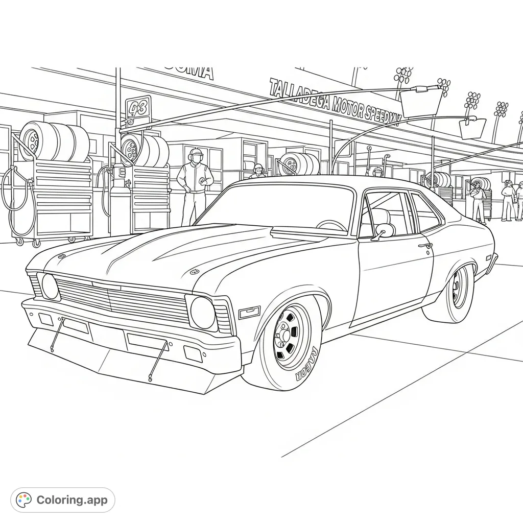 A detailed 1970 Chevy Nova coloring page featuring a low-slung, aggressive stance, NASCAR-inspired spoilers, and classic race wheels.