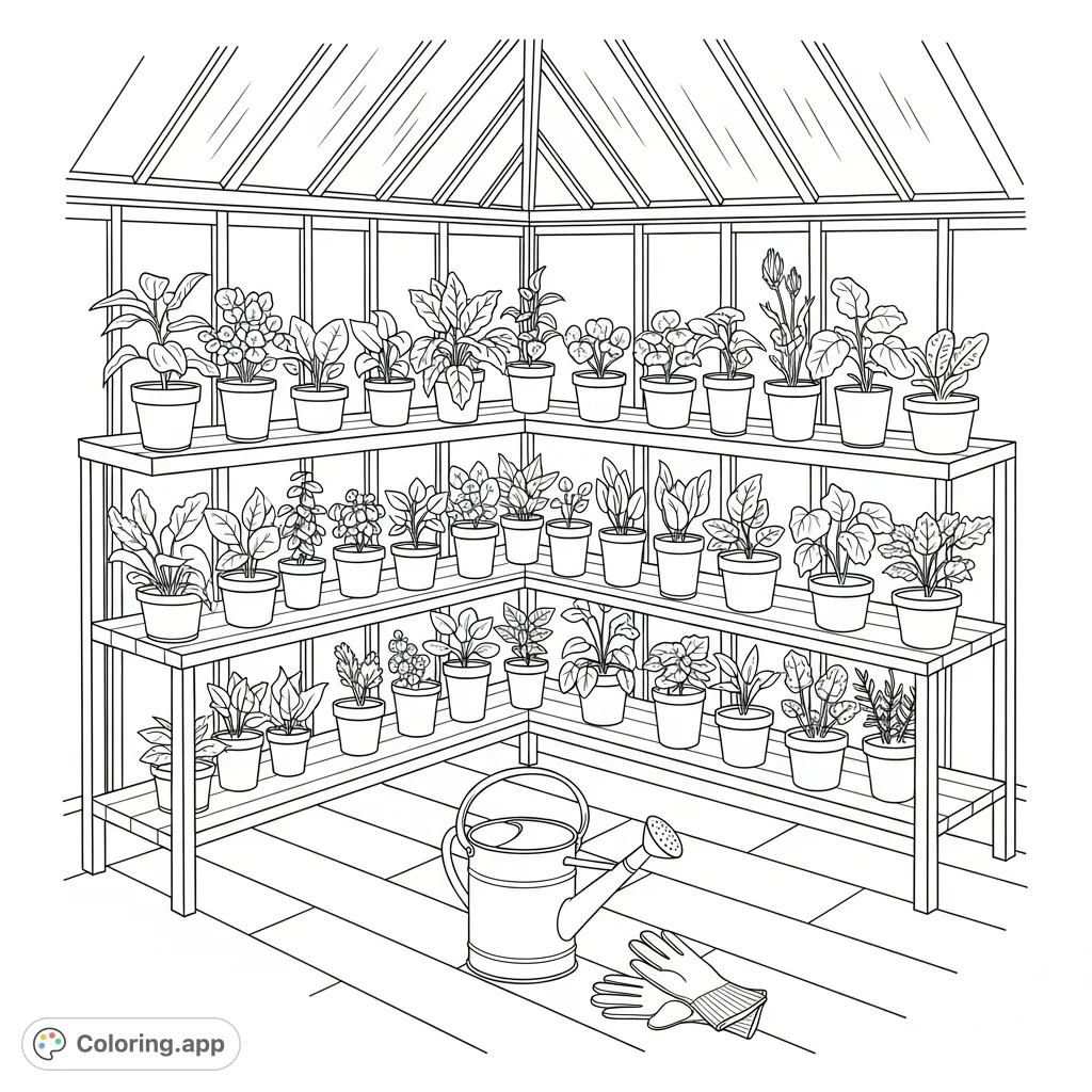 Explore a peaceful greenhouse corner coloring page, featuring detailed glass panels, tiered shelves overflowing with various seedlings, and gardening tools.