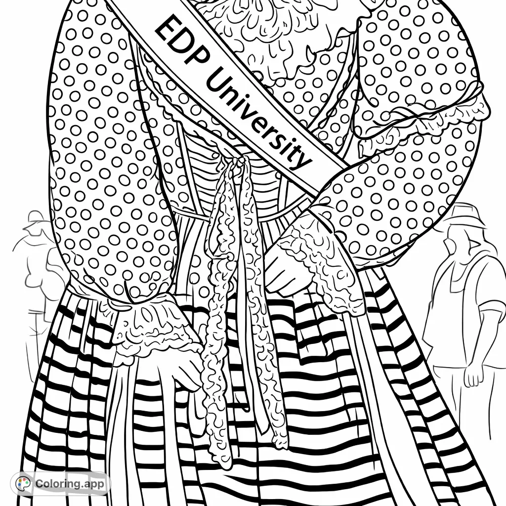 An elegant figure in a traditional dress featuring intricate polka dot and striped patterns, a decorative sash, and delicate lace details, offering a detailed coloring experience.