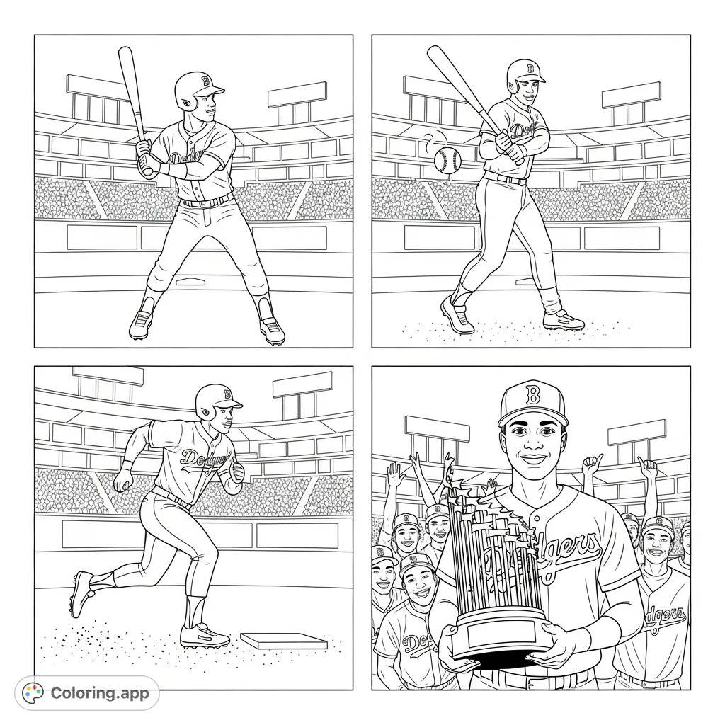 Experience the thrilling journey of a baseball player in this four-panel comic coloring page, from batting to a triumphant home run and team celebration.