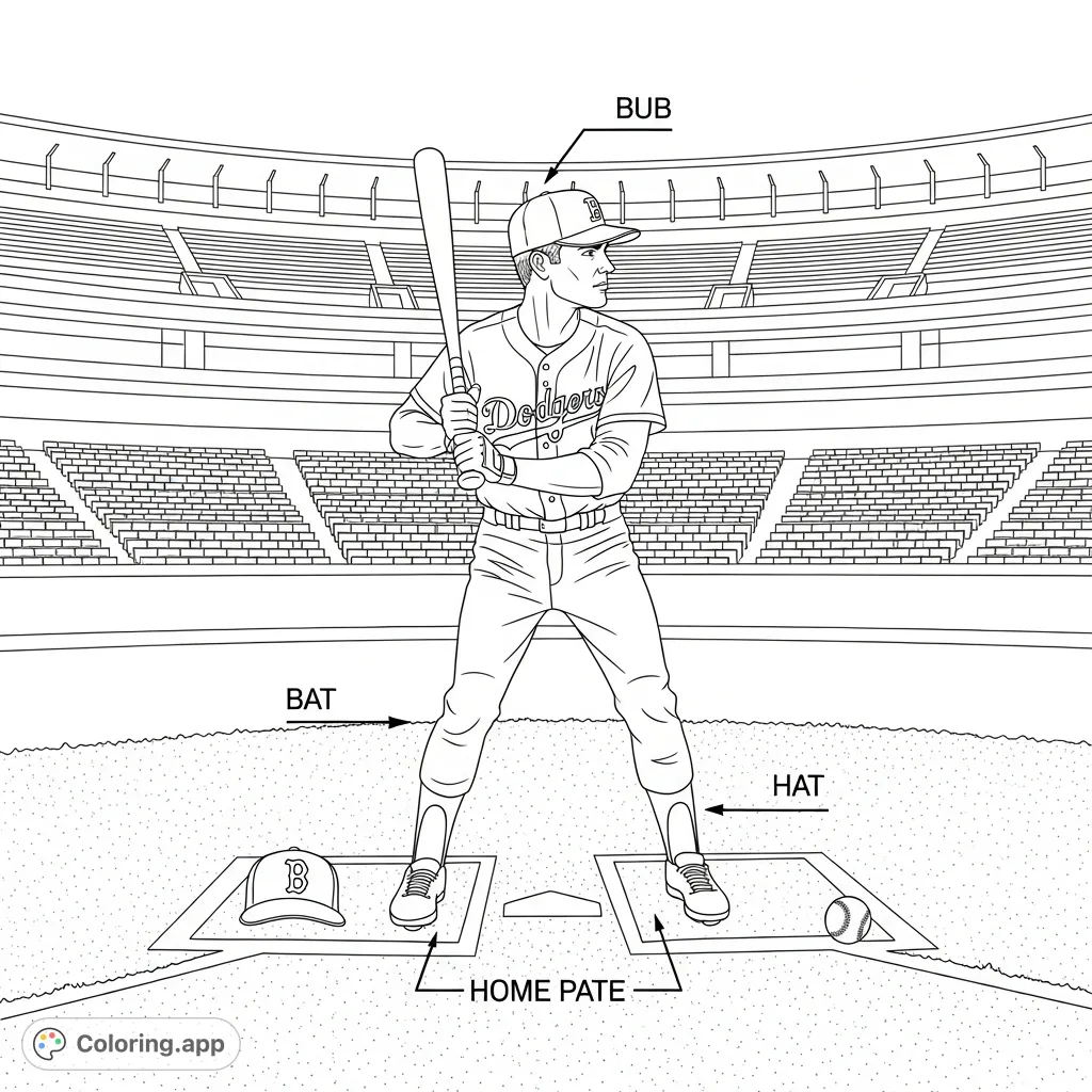 Dynamic baseball player in a classic batting stance, ready for action on a dirt field with stadium stands. Features 'B' cap and 'Dodgers' jersey. Perfect for sports fans!