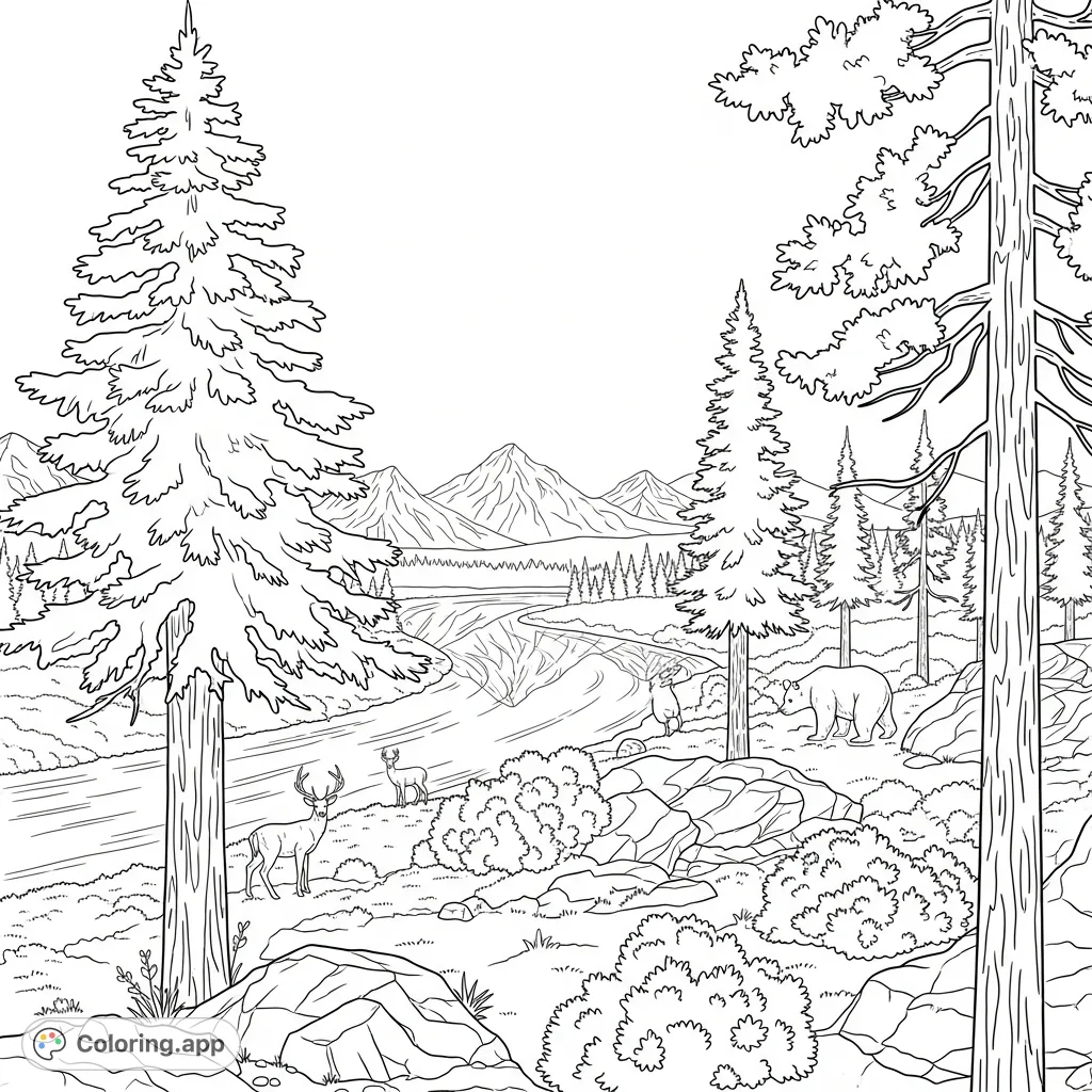 Explore a majestic national park featuring towering pine trees, rugged mountains, a winding river, and various wildlife like deer and bears. Perfect for nature lovers!