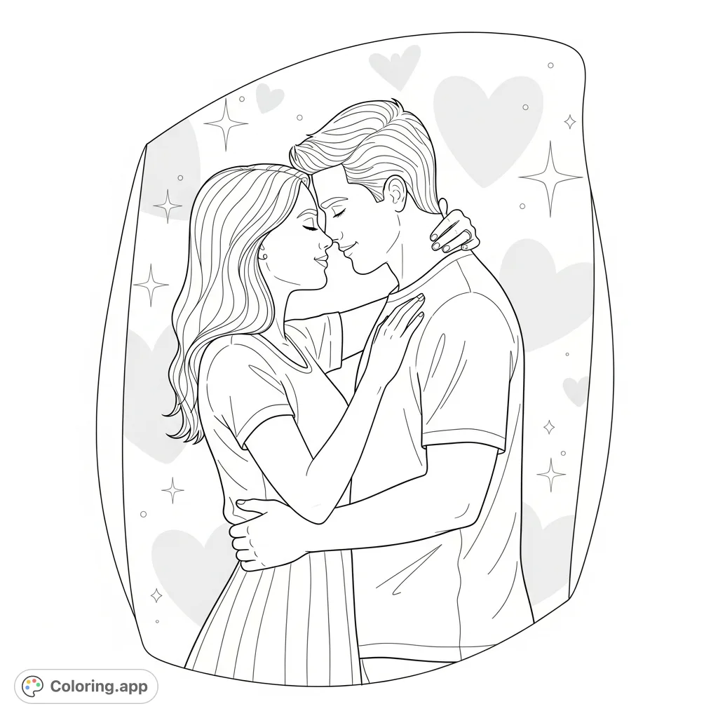 An endearing Brittany & Travis coloring page capturing a moment of affection, featuring the couple in an embrace surrounded by romantic patterns. Perfect for expressing love!
