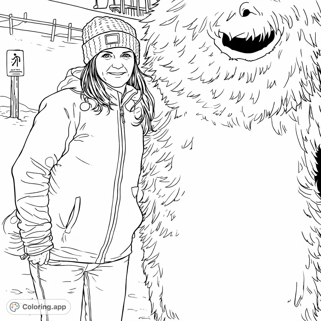 Enjoy coloring a heartwarming winter scene featuring a cheerful woman and a big, friendly fluffy creature against a snowy backdrop. Perfect for a cozy creative escape!