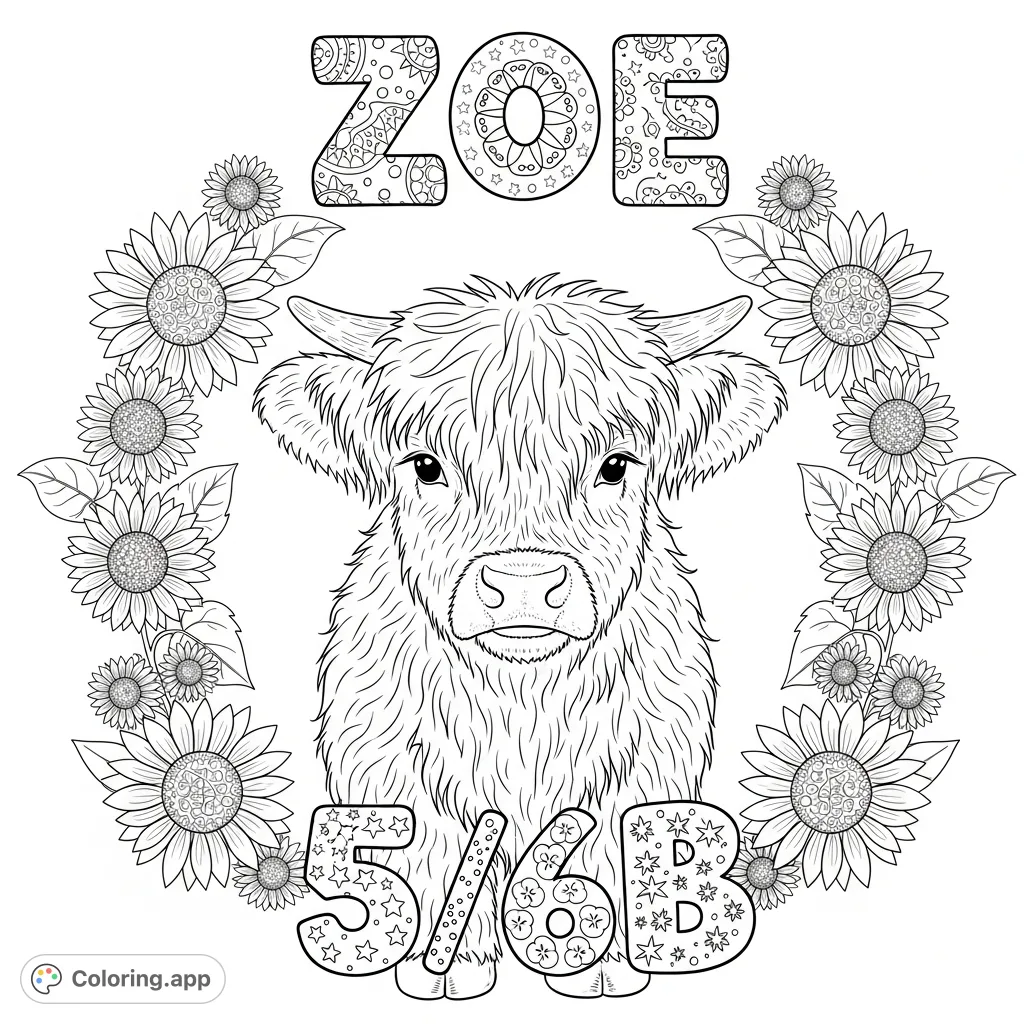 A charming Highland cow calf with shaggy fur, framed by detailed sunflowers and personalized bubble letters. A delightful, intricate coloring page.