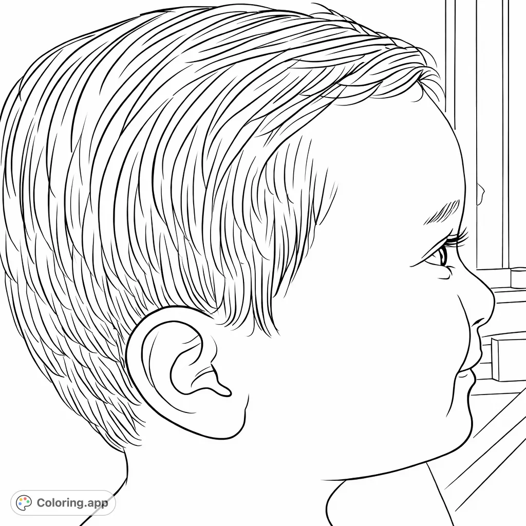 Capture the innocence of a child's profile in this beautiful coloring page, perfect for all ages. Enjoy coloring soft features and textured hair.