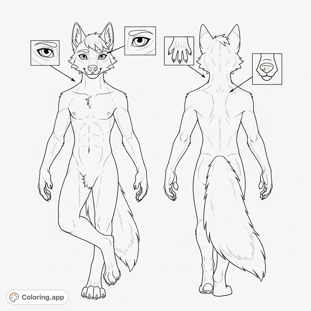 Explore a youthful anthro wolf character with a detailed reference sheet. Features frontal, rear, and inset views of expressive eyes, snout, and paw.