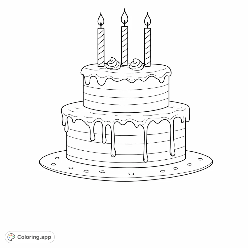 Celebrate any occasion with this delightful two-tier cake featuring dripping frosting, striped candles, and delicate decorations. Perfect for joyful coloring!