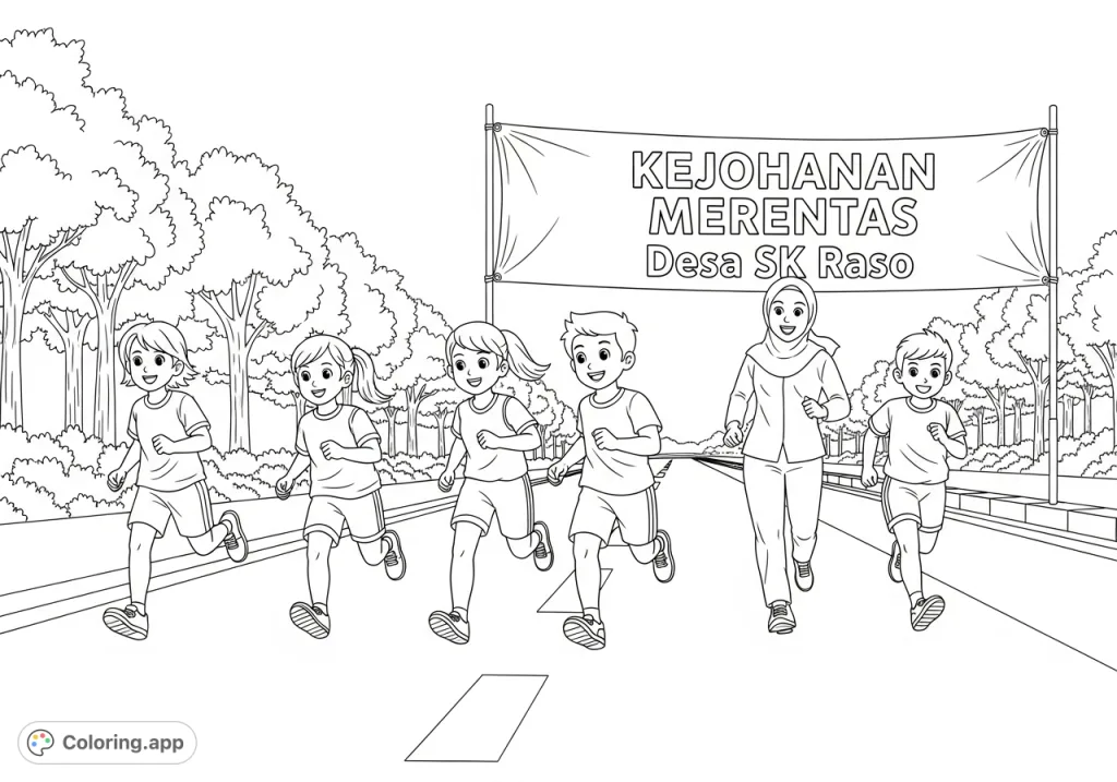 Cheering kids and a teacher run a lively school marathon, 'Kejohanan Merentas Desa SK Raso', on an open road. A spirited printable for young athletes.