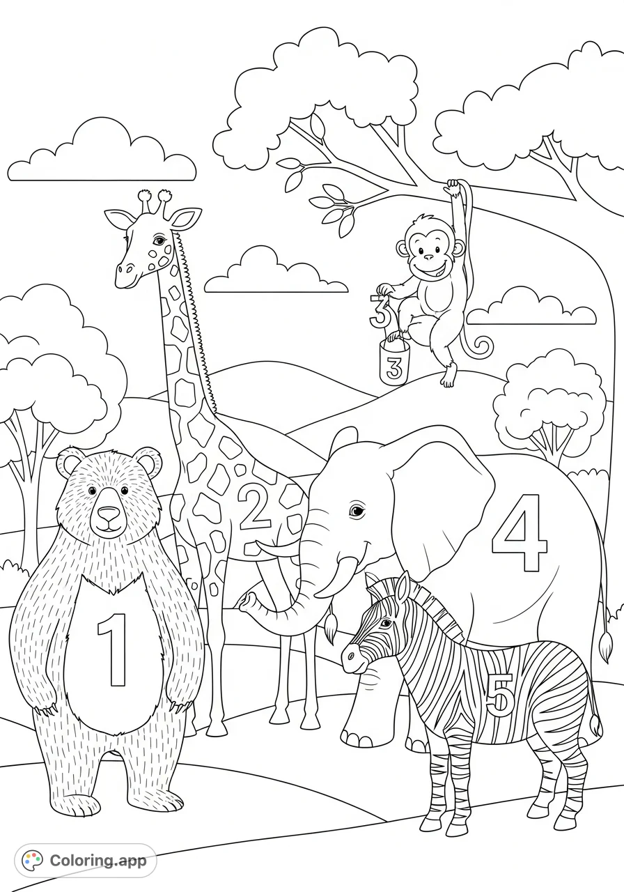 Discover a fun animals coloring page featuring playful creatures, each with a unique number, perfect for learning and creative expression. A free printable coloring page for kids!