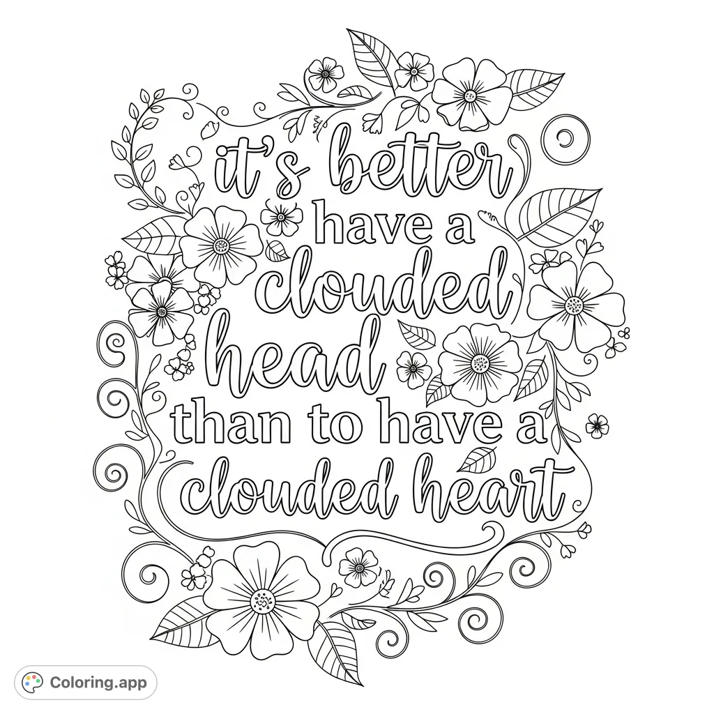 An elegant quote, "it’s better to have a clouded head than to have a clouded heart," in hollow cursive, surrounded by intricate flowers, leaves, and curling vines.