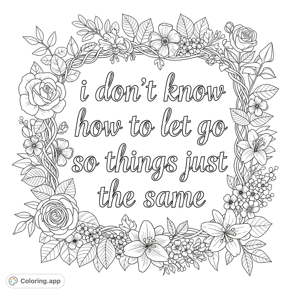 An elegant hollowed cursive quote "i don’t know how to let go so things just stay the same" is beautifully framed by an intricate, lush floral border.