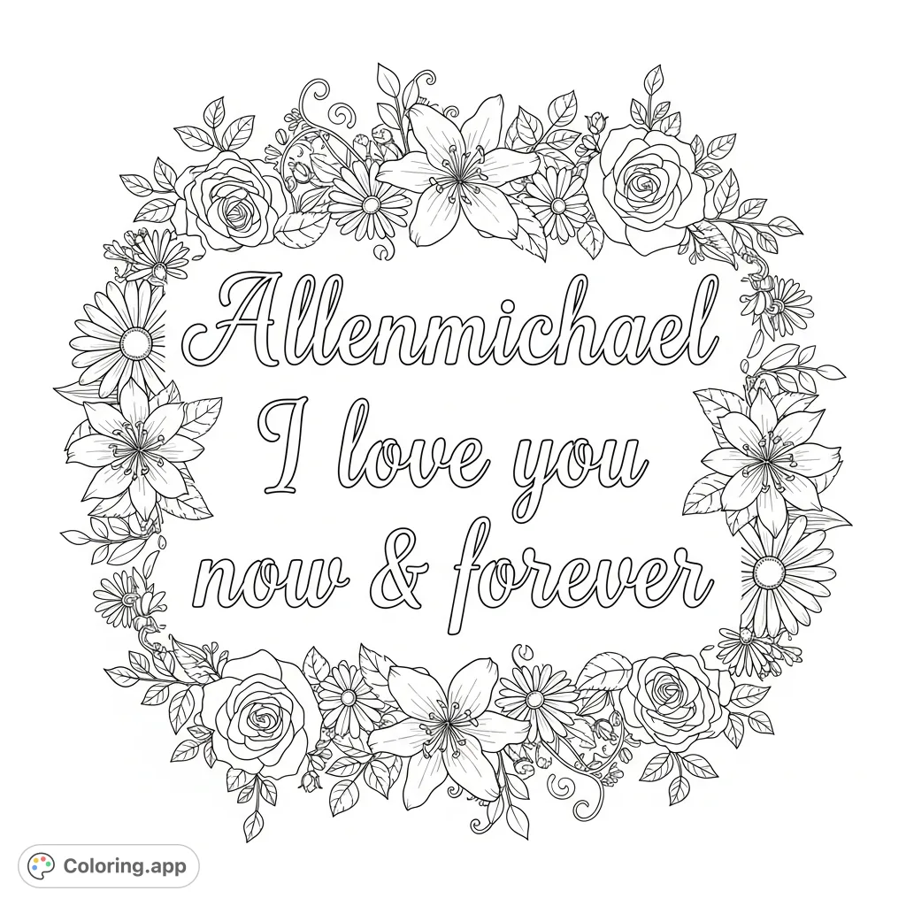 A heartfelt "Allenmichael I love you now & forever" message in a hollowed, elegant font, beautifully framed by an intricate border of various flowers and delicate foliage. Perfect for expressing affection.