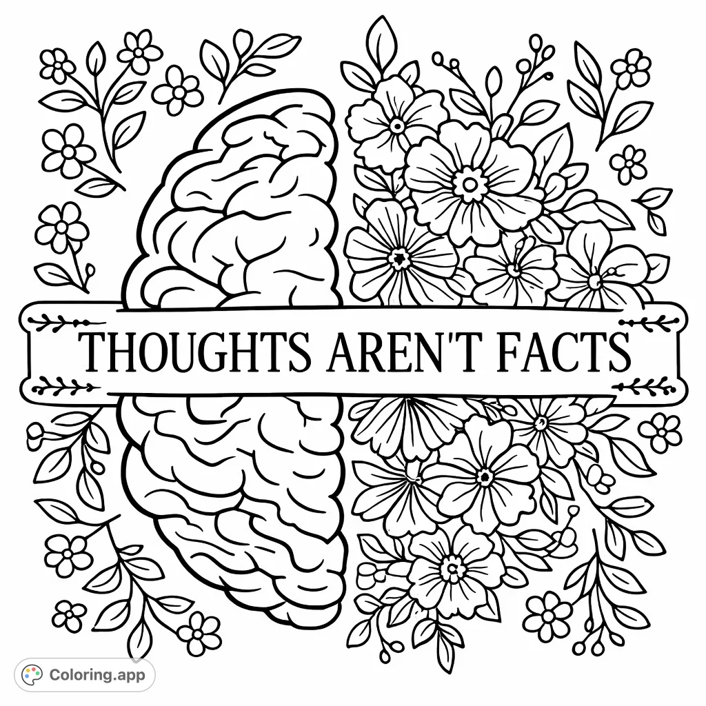 Explore a unique brain and floral design featuring the empowering quote 'Thoughts Aren't Facts'. A simple, decorative coloring page for mindfulness.