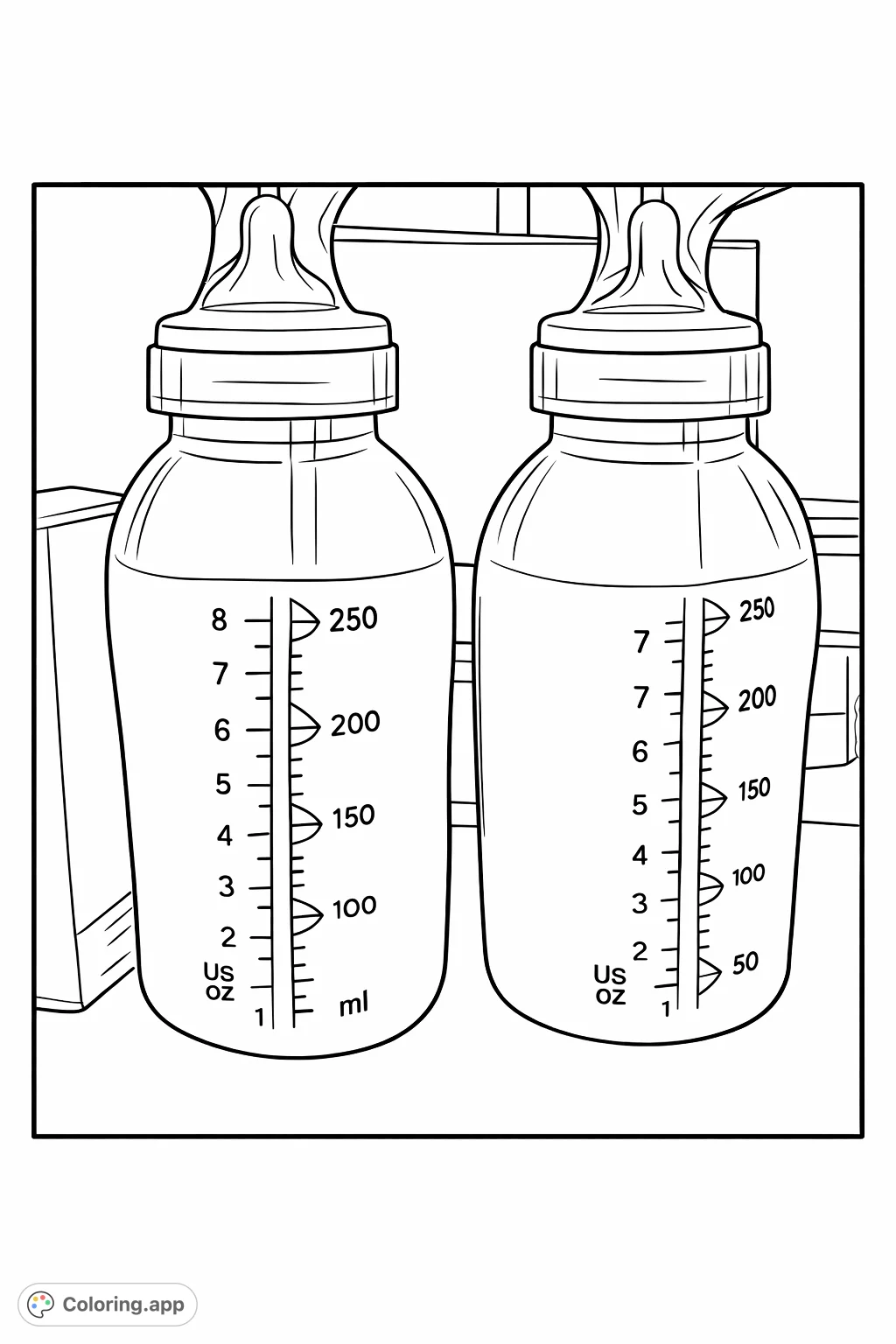 A detailed coloring page featuring two baby bottles, each filled with liquid and displaying volume measurements. Perfect for new parents or a thoughtful activity.