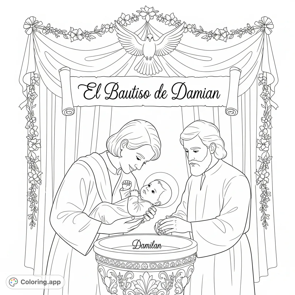 Celebrate a special moment with this beautiful baptism coloring page featuring baby Damian, a dove, and lovely floral details. Perfect for young colorists!