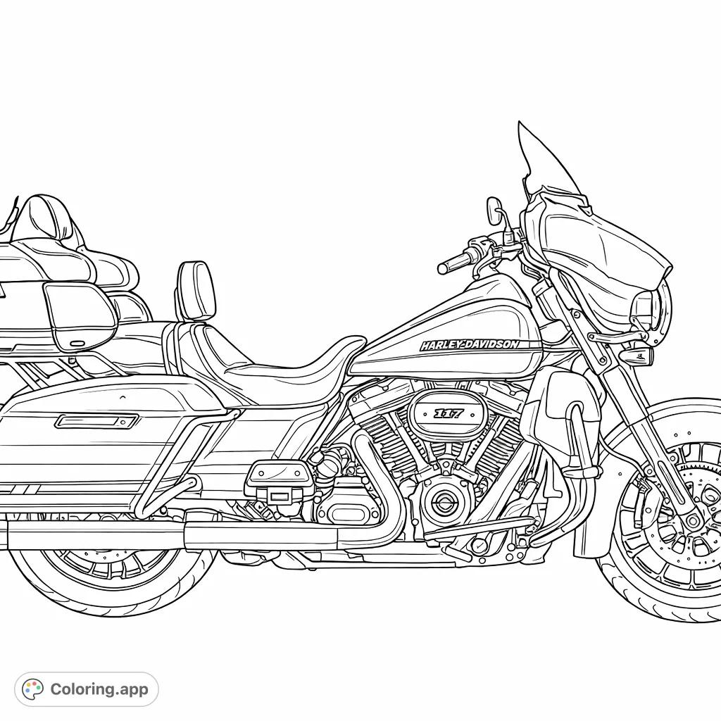 Detailed touring motorcycle coloring page featuring intricate engine components, saddlebags, and a large fairing, perfect for enthusiasts.