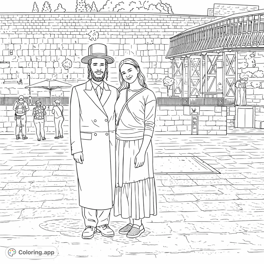 Capture a meaningful scene featuring a man in traditional attire and a young woman at an ancient stone wall, perfect for cultural exploration.