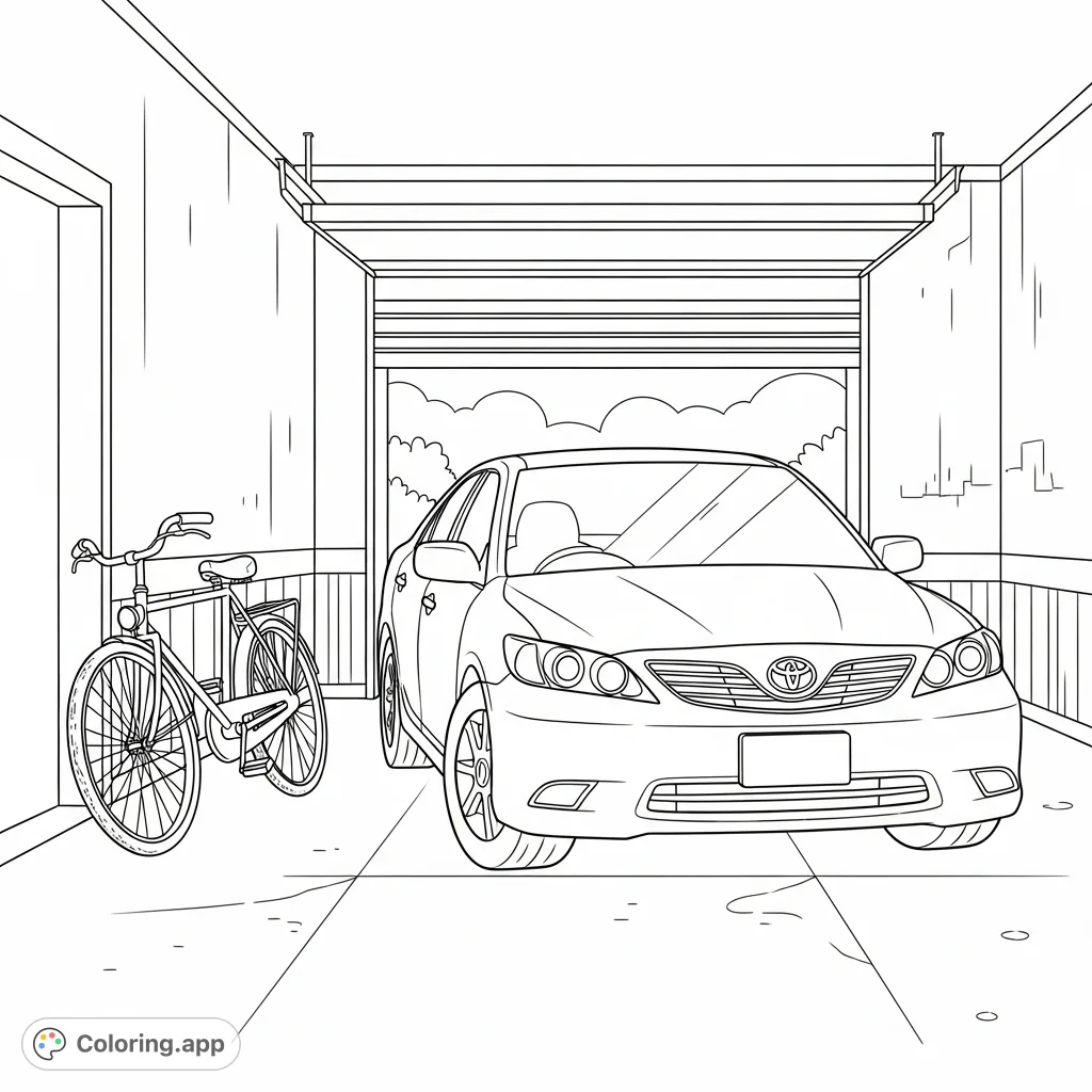 A fun cartoon Toyota Camry parked inside a garage, accompanied by an old bicycle, set on a bright, sunny day. Perfect for vehicle enthusiasts.