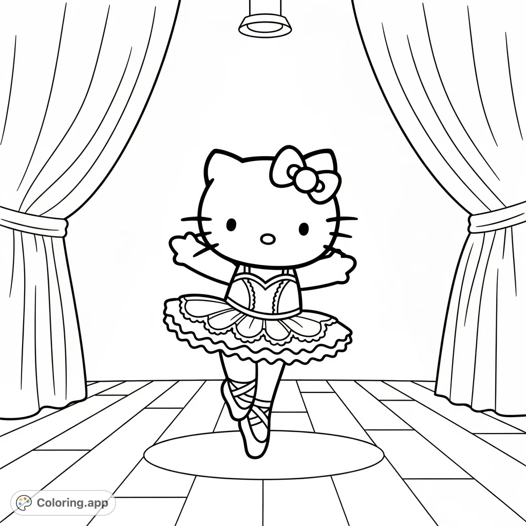 Hello Kitty takes center stage as a graceful princess ballerina, complete with elegant outfit and ballet shoes, illuminated by a spotlight for a captivating performance.
