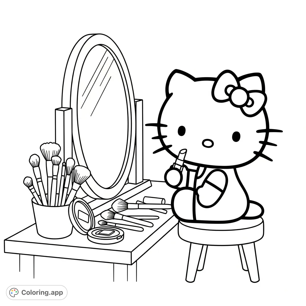 Join Hello Kitty as she enjoys her makeup routine, applying lipstick in front of a mirror, surrounded by brushes and highlighter. A fun and charming scene for all fans!