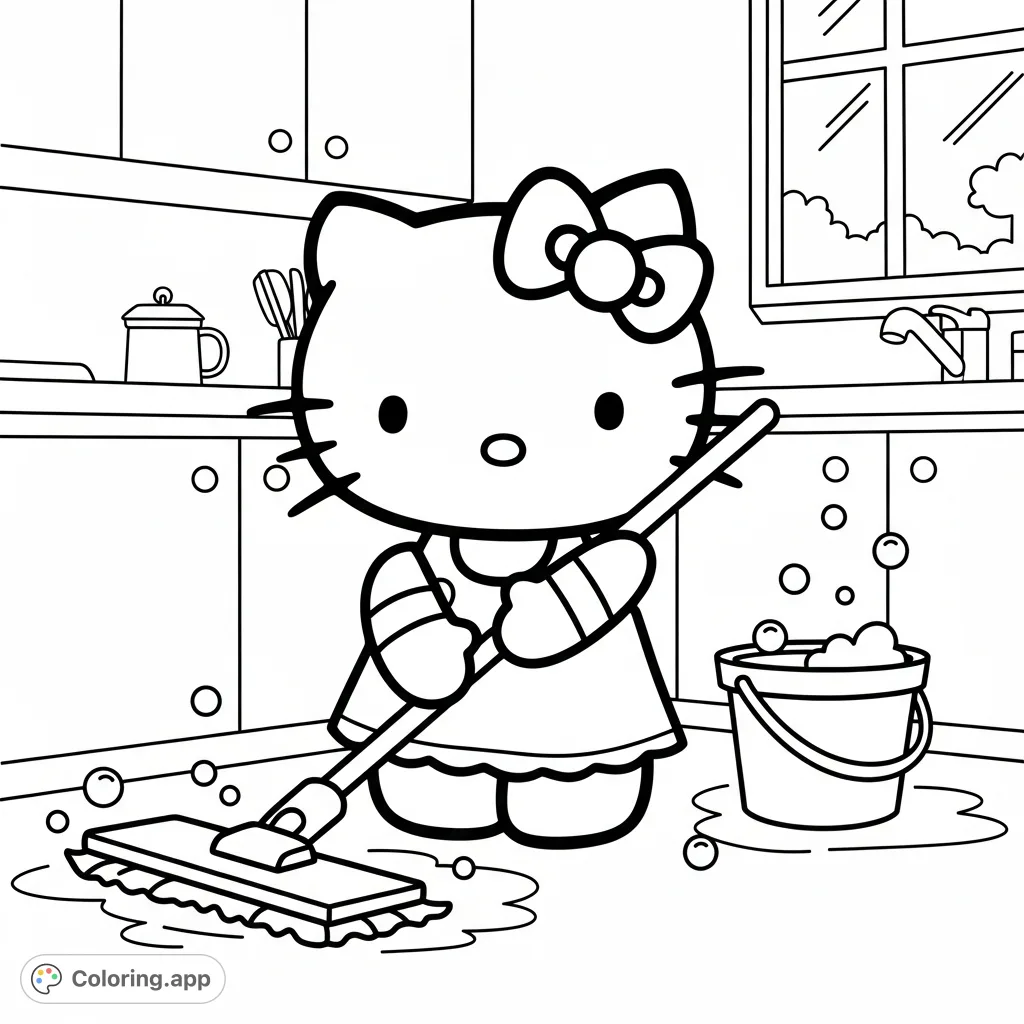 Hello Kitty joyfully cleans her kitchen floor with a mop, surrounded by whimsical bubbles. A charming and sparkling clean scene for fans to color and enjoy.