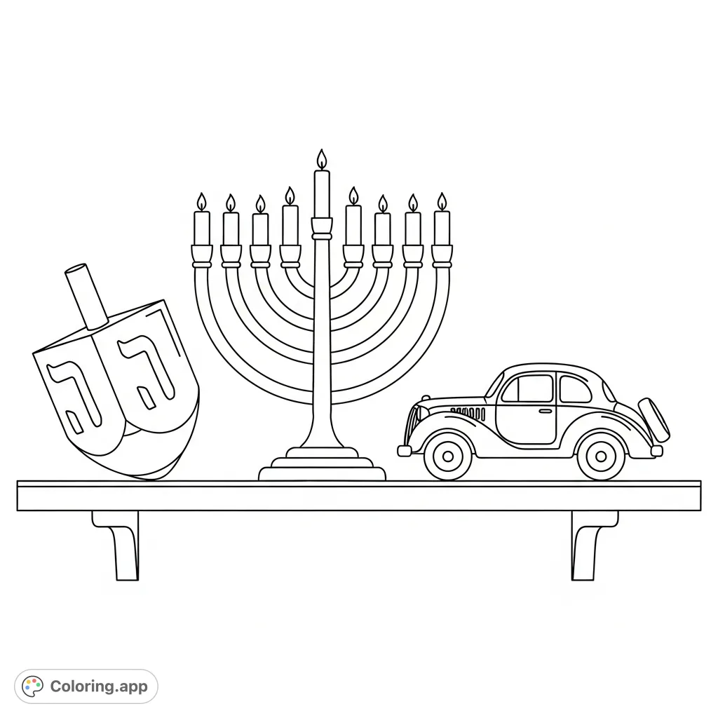 A delightful Hanukkah coloring page featuring a dreidel, menorah, and a classic toy car displayed on a simple shelf. Perfect for holiday cheer!