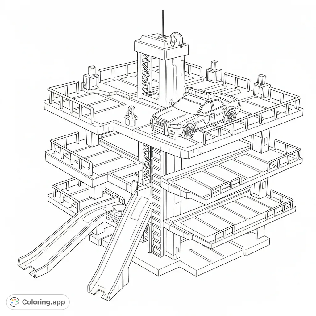 Zoom into action with this multi-level Hot Wheels garage coloring page featuring a police car with siren lights! Perfect for vehicle enthusiasts.