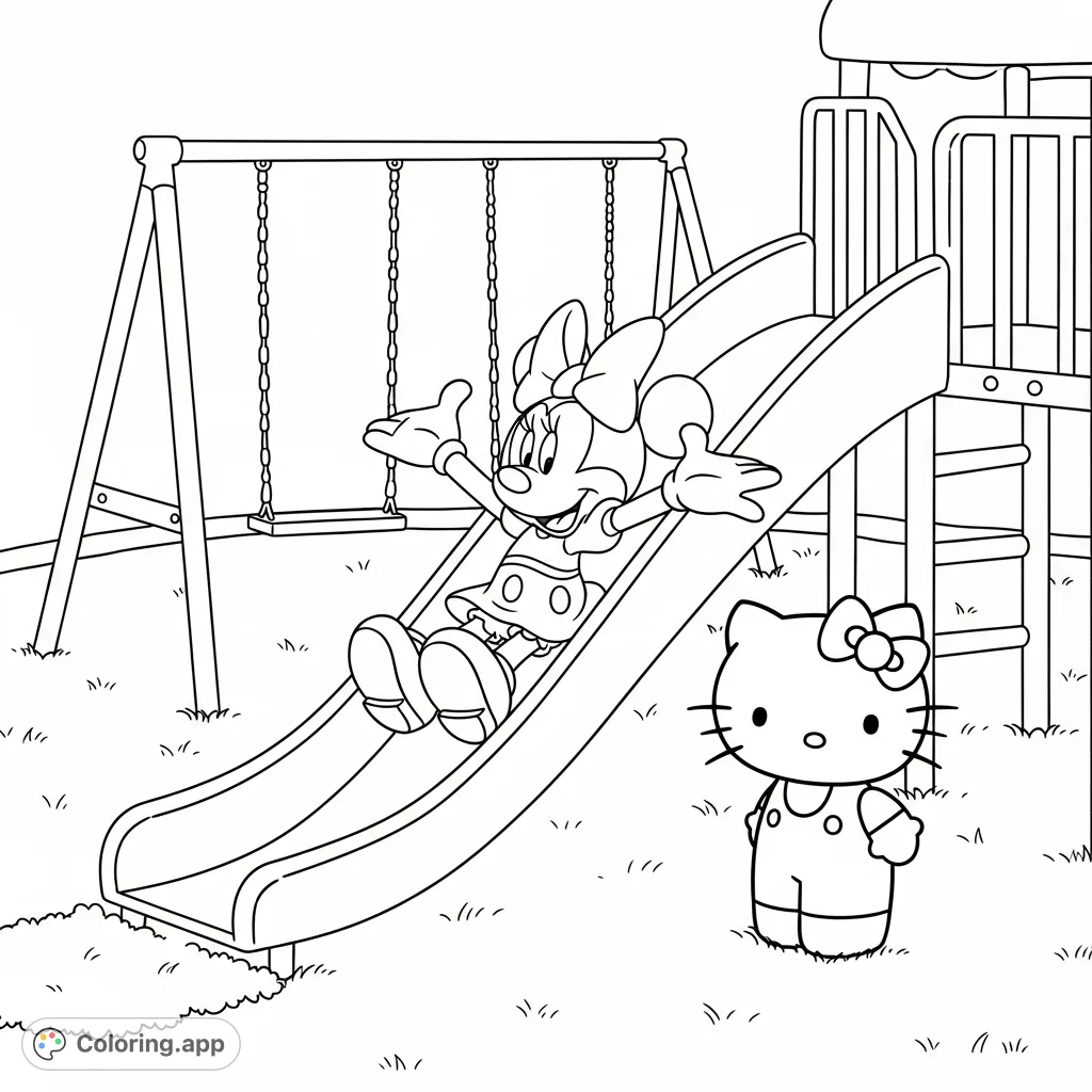 Join Minnie Mouse and Hello Kitty for a joyful day at the playground! Minnie slides down while Hello Kitty watches, with a swing set nearby. A perfect free printable coloring page for kids.