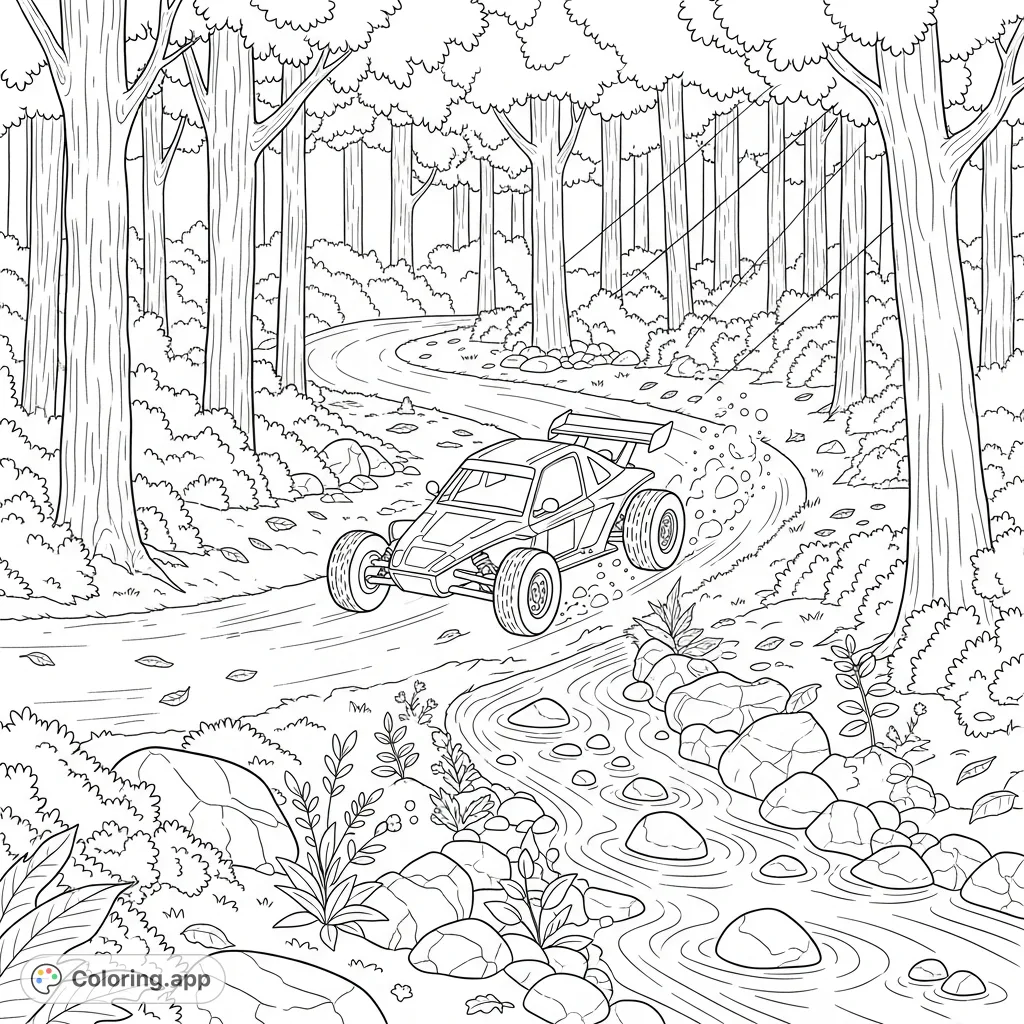 An exciting off-road race car charges down a forest path beside a tranquil stream, perfect for an adventurous coloring experience.