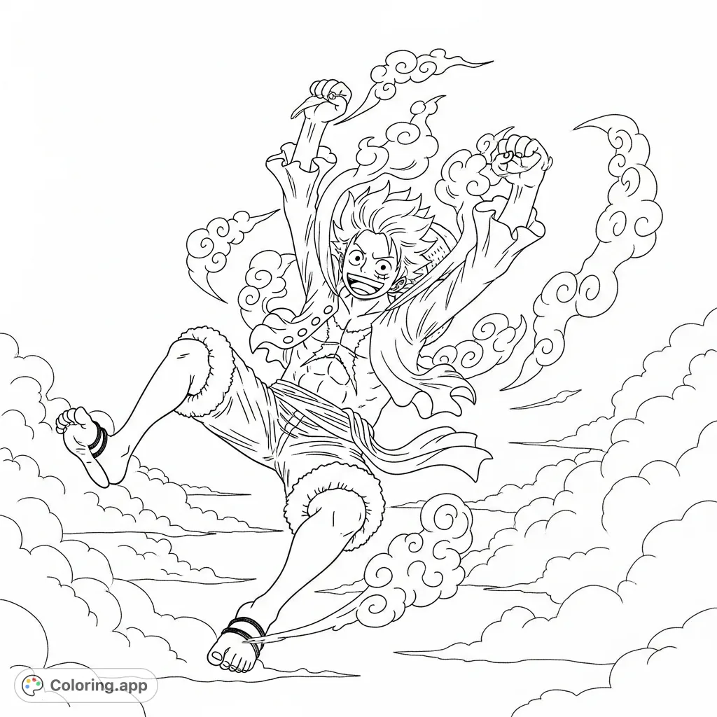Experience the thrill of Luffy in his powerful Gear 5 form, dynamically falling through the sky. A captivating One Piece coloring page for fans!