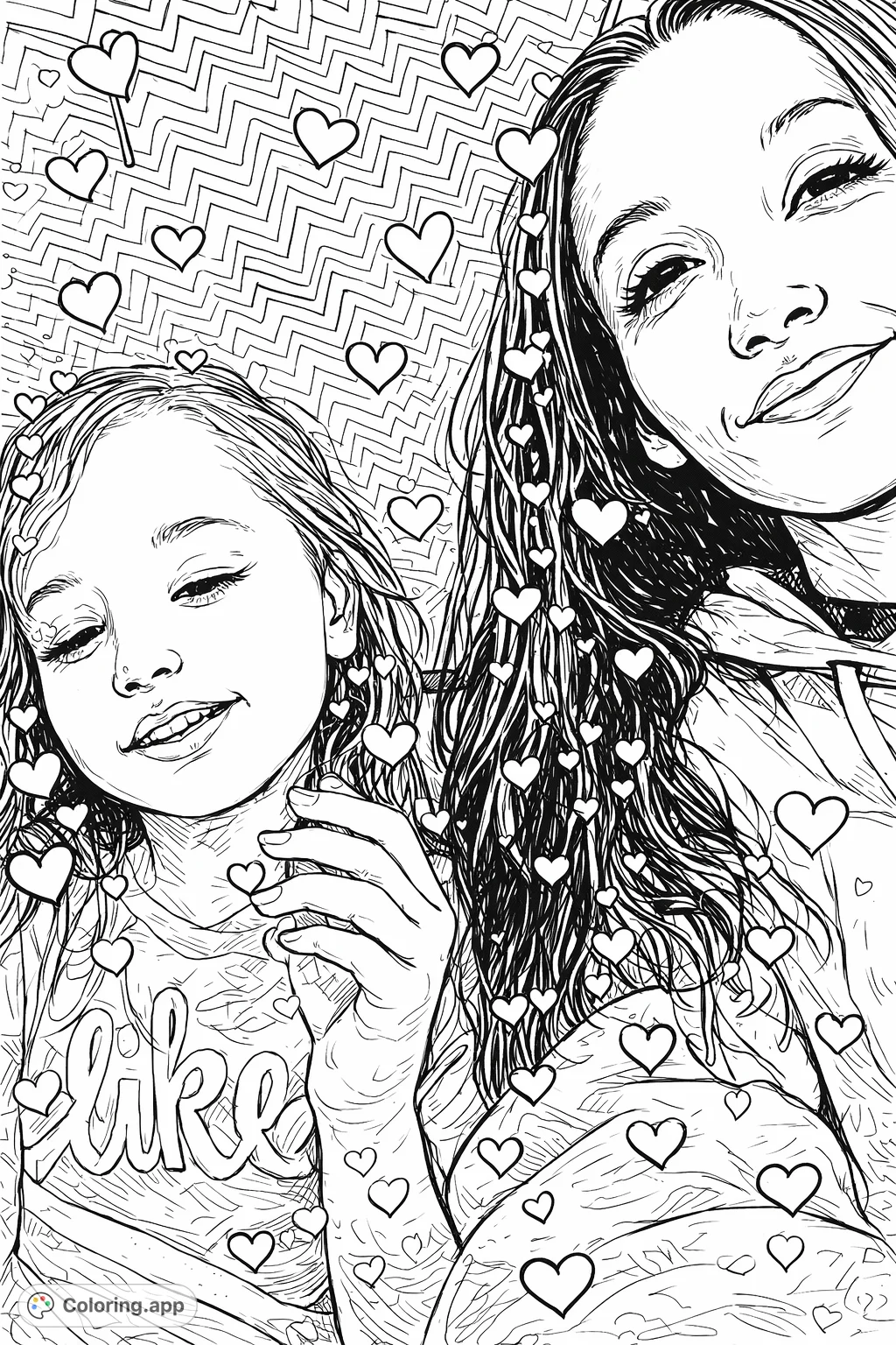 Capture a heartwarming mother and daughter bond with this delightful coloring page, adorned with decorative hearts and dynamic energy. A free printable family coloring page.