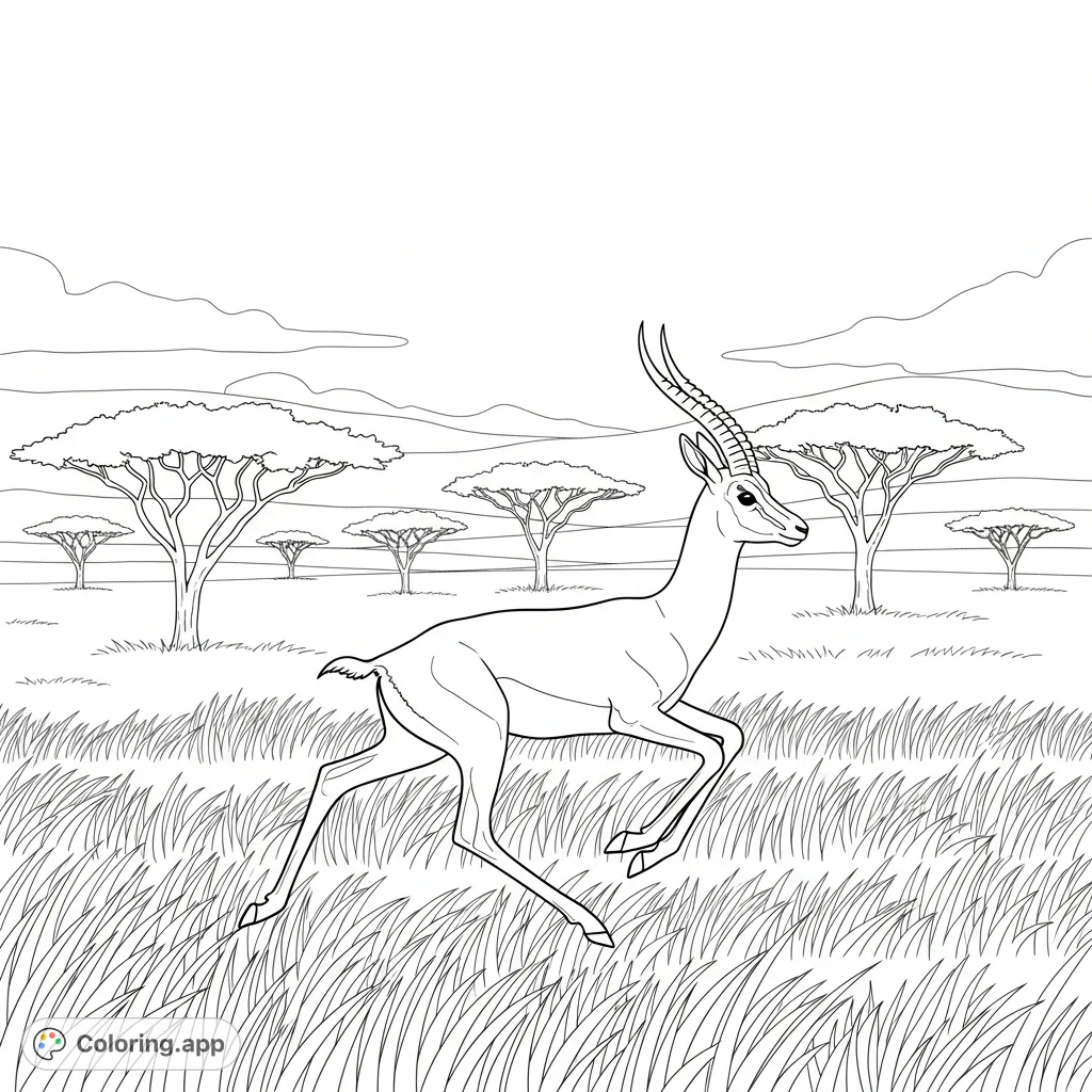 Experience the grace of a gazelle in full stride across the African savanna in this dynamic wild animal coloring page, a free printable adventure.
