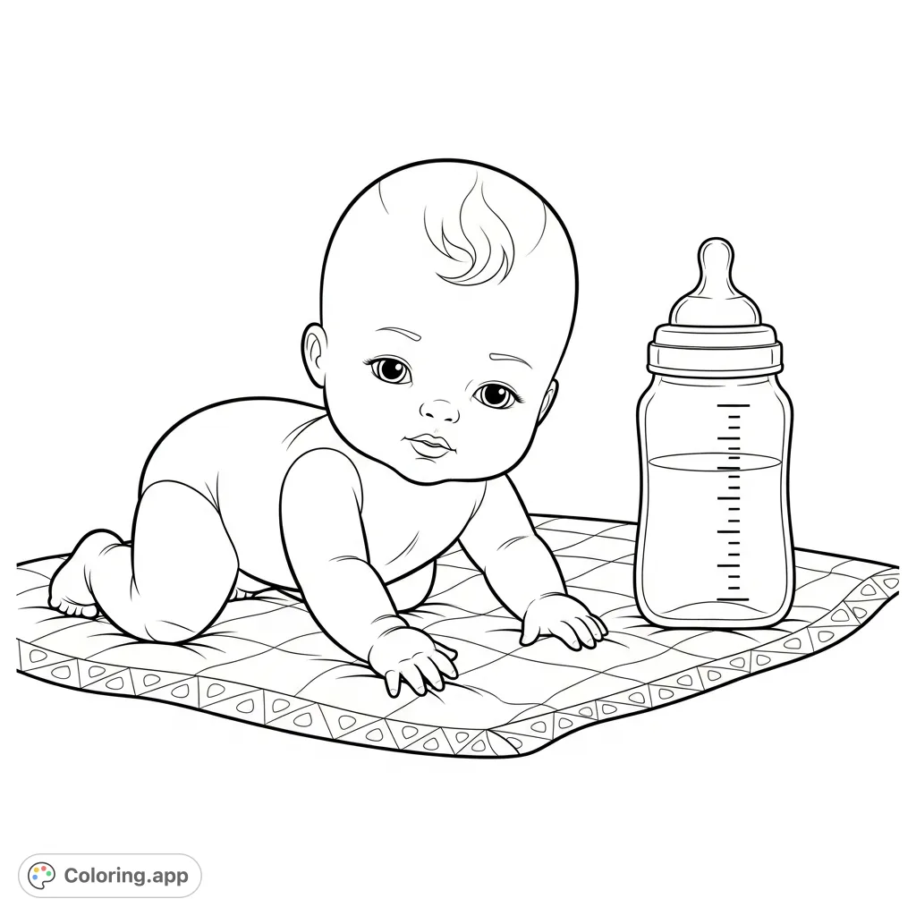 A sweet girl baby doll in a crawling pose on a patterned blanket, with a baby bottle nearby. Perfect for nurturing creativity and fine motor skills.