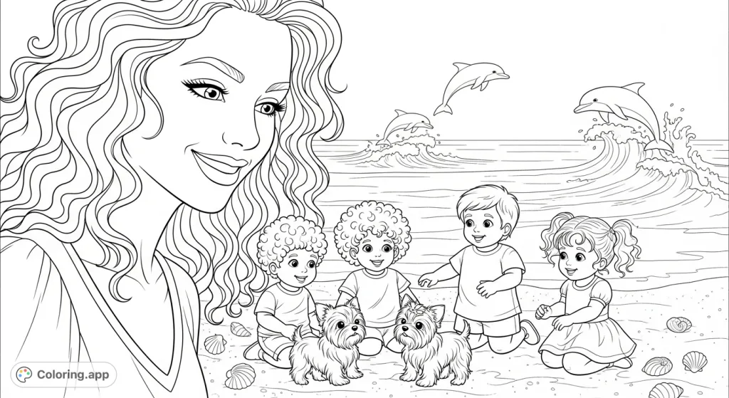 A delightful seaside family scene featuring a smiling woman, cheerful children, playful Yorkie dogs, and leaping dolphins. A charming free printable coloring page.