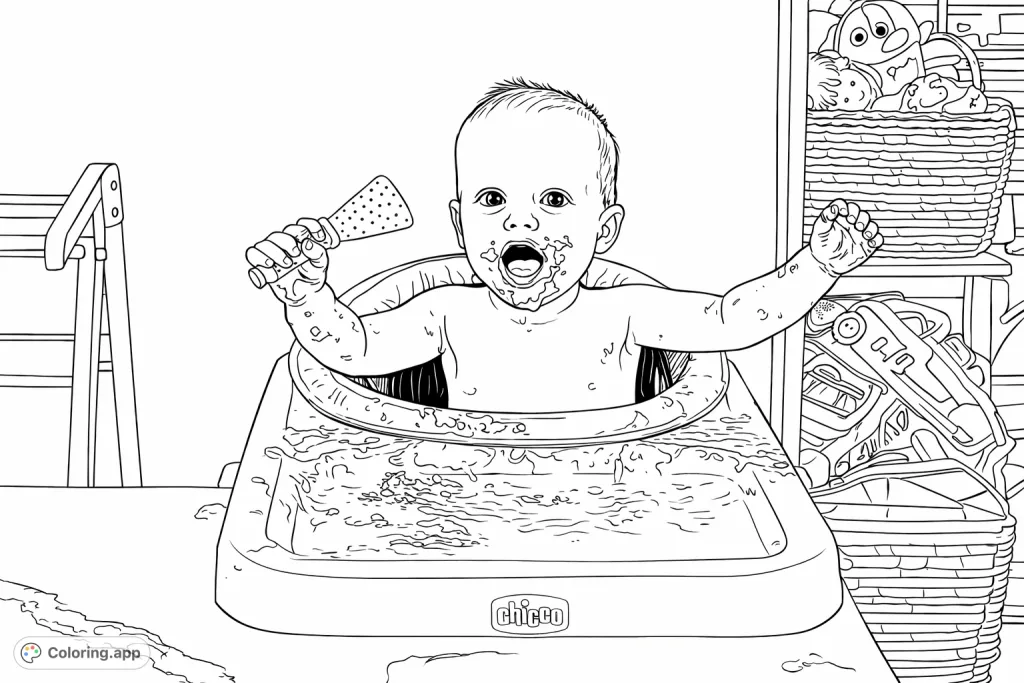Capture the joyful chaos of a baby's mealtime! This delightful coloring page features a happy baby covered in food, celebrating a fun, messy eating experience.