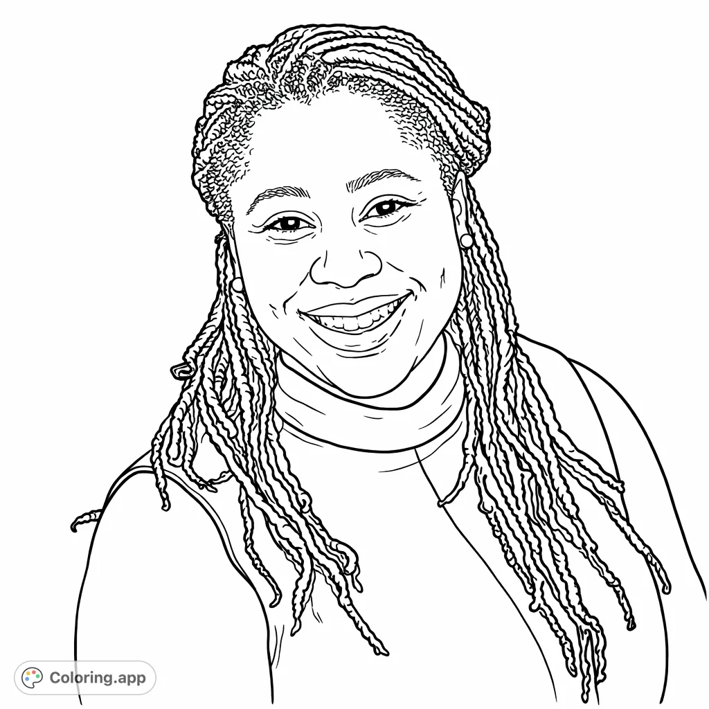 A friendly portrait of a smiling woman with dreadlocks and a high-neck top. Perfect for capturing a moment of joy and warmth, ideal for coloring.