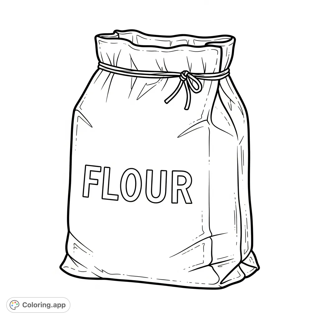 A simple, inviting flour bag coloring page, perfect for aspiring bakers. Features clear text and a familiar kitchen staple, great for all ages.
