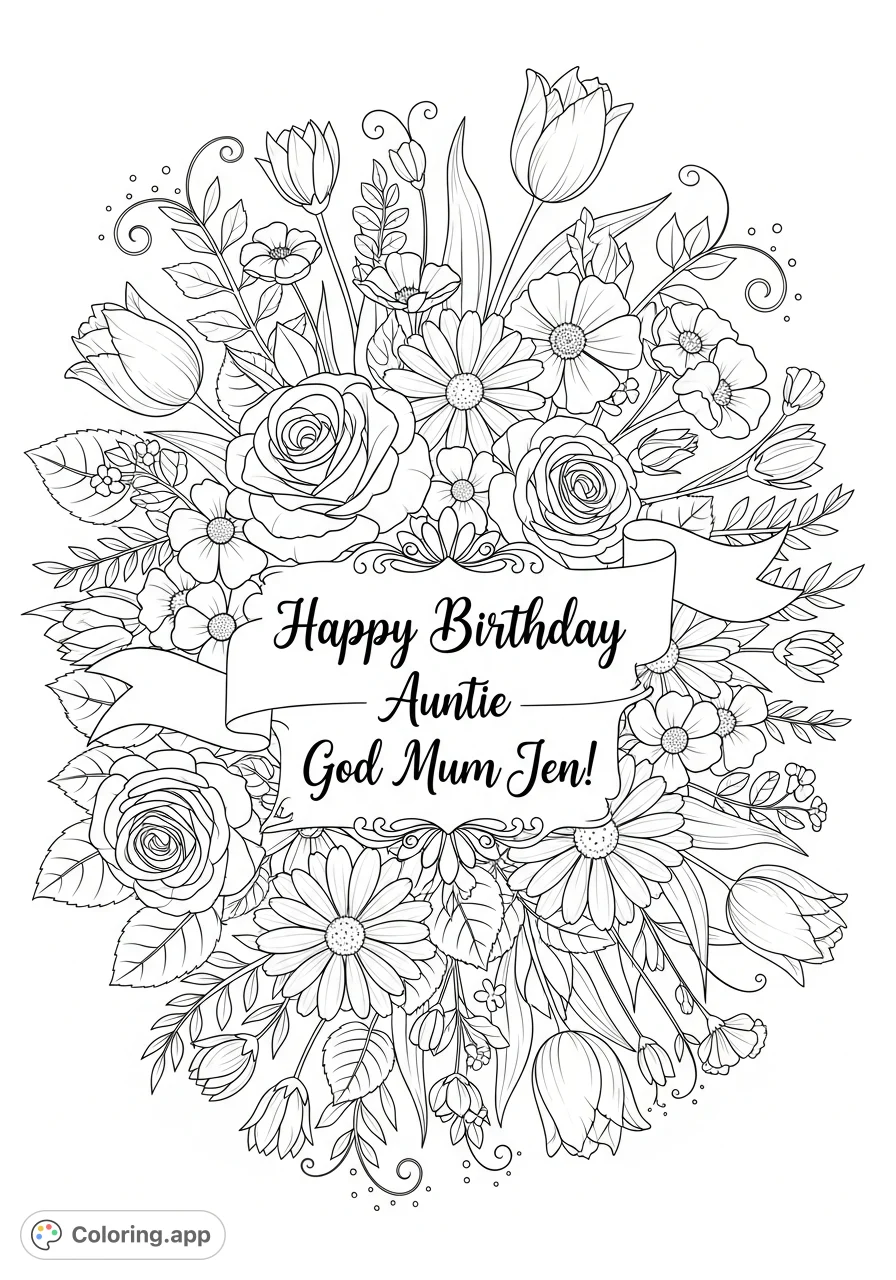 A beautiful birthday flowers coloring page featuring an intricate floral arrangement and a personalized "Happy Birthday Auntie God Mum Jen!" message. Free printable!